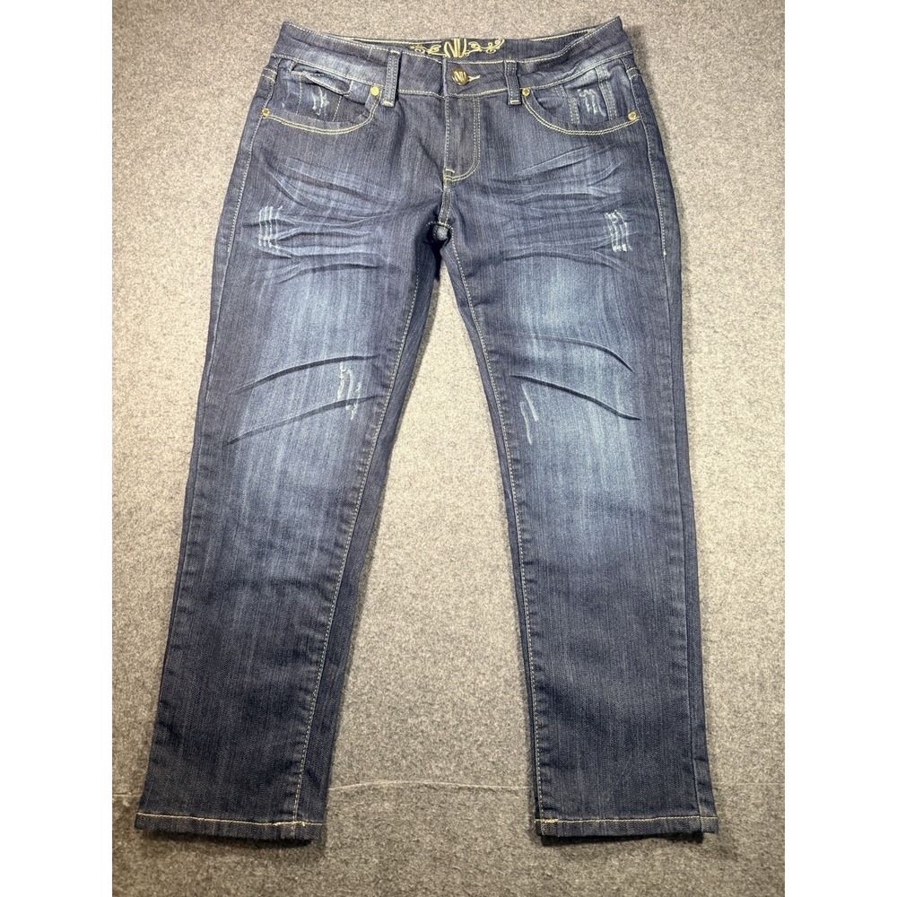 NV Nu View Women's Size 11 Low Rise Distressed Dark Wash Straight Leg Jeans Y2K‎